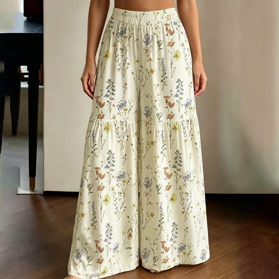 Women Summer Beach Vacation Pants High Waisted Wide Leg Floral Palazzo Printed Loose Flowy Casual Boho Style Pants(Green,XXL)