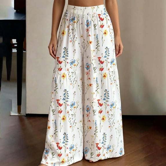 Women Summer Beach Vacation Pants High Waisted Wide Leg Floral Palazzo Printed Loose Flowy Casual Boho Style Pants(White,L)