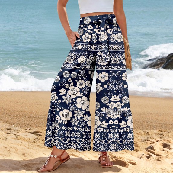Women Summer Beach Vacation Pants High Waisted Wide Leg Pants Printed Loose Flowy Casual Palazzo Lounge Trousers Navy M