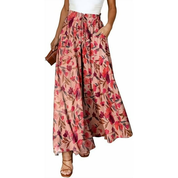 Women Summer Beach Vacation Pants High Waisted Wide Leg Pants Printed Loose Flowy Casual Palazzo Lounge Trousers