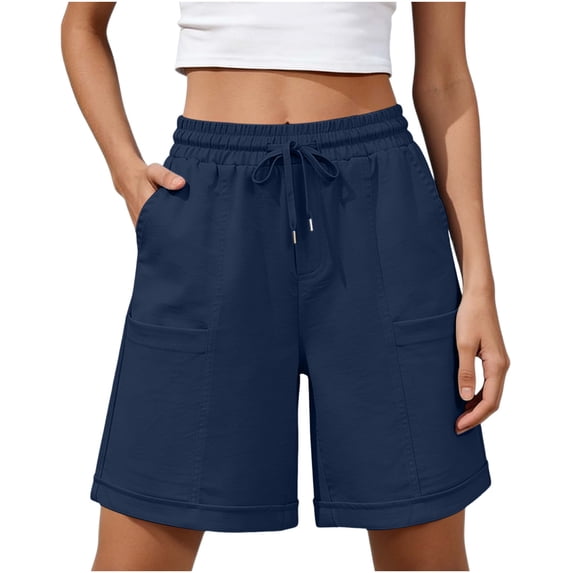 Women Summer Bermuda Shorts Drawstring High Waist Cuffed Casual Loose Breathable Summer Vacation Short Pants Navy S