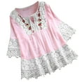 thumbnail image 1 of Women Summer Blouse & Shirts Sexy Chic V Neck Hollow Out T-Shirts Ladies Casual Comfortable Lace 3/4 Sleeve Crew Neck Pullovers Elegant Literary Solid Lace Patchwork Swing Tops, 1 of 1