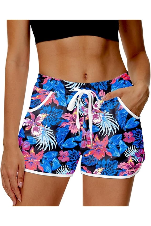 Women Summer Board Shorts Hawaiian Tropical Print Beach Swim Shorts with Pockets