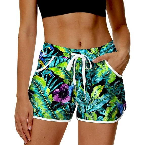 Women Summer Board Shorts Hawaiian Tropical Print Beach Swim Shorts with Pockets
