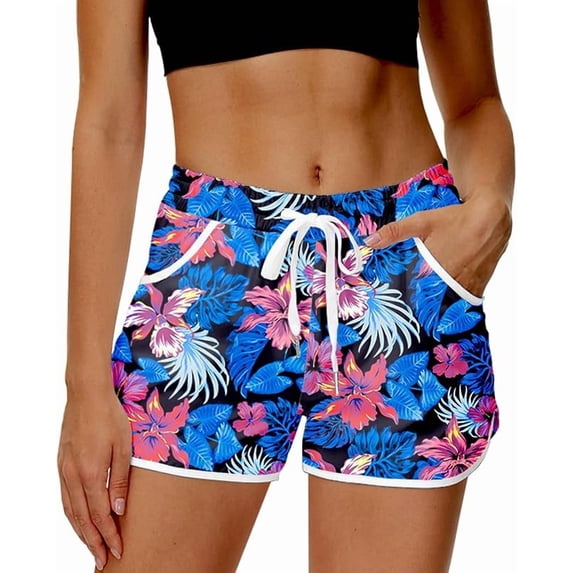 Women Summer Board Shorts Hawaiian Tropical Print Beach Swim Shorts with Pockets