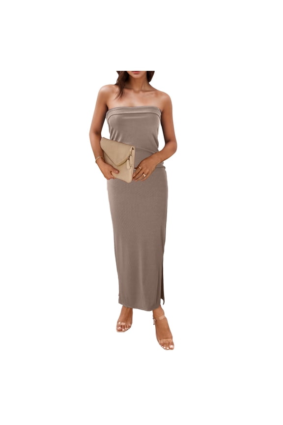 Women Summer Bodycon Maxi Dress Tube Top Side Slit Long Elegant Party Wedding Guest Dress Knee Length Dress Summer Dress Women Party Dress Easter Dresses for Women Midi Length Dresses for Women Casual