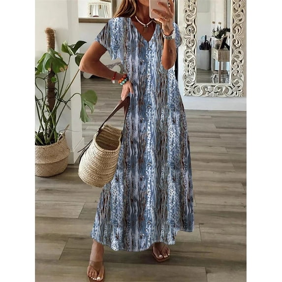 Women Summer Bohemian Style Print Large Hem Dresses Vintage Comfortable Casual Vacation Dress Female V Neck Short Sleeve Gown 24