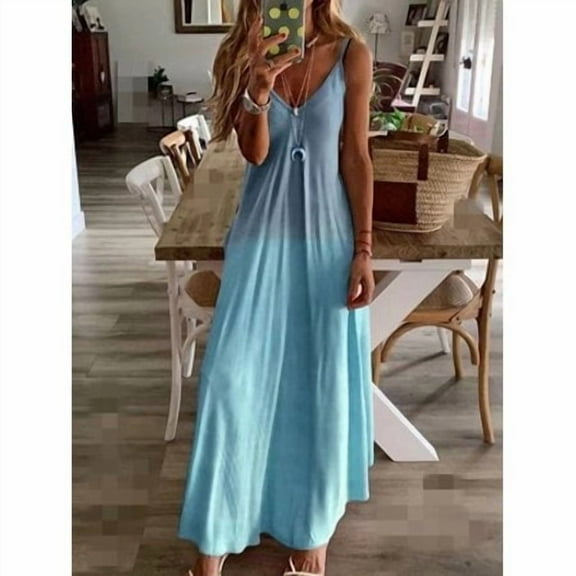 Women Summer Boho Beach V Neck Print Sleeveless Long Dress