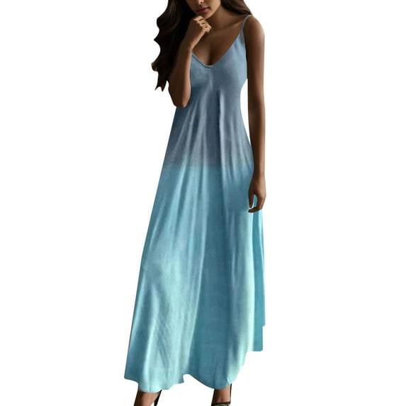 Women Summer Boho Beach V Neck Print Sleeveless Long Dress