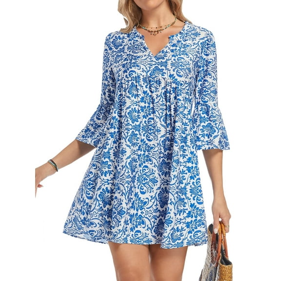 Women Summer Boho Dress 2025 Casual V Neck Babydoll Ruffle Sleeve Floral Mini Tunic Petite Sundress Blue S