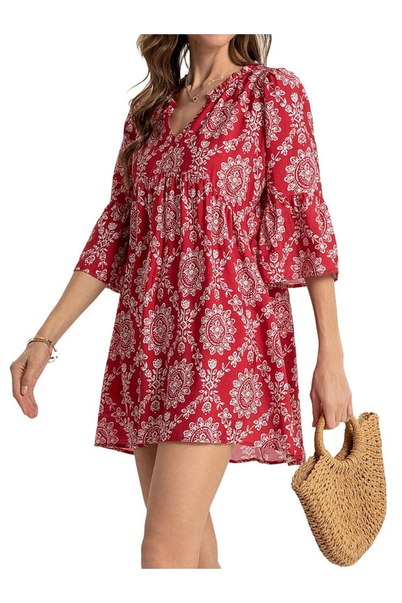 Women Summer Boho Dress 2025 Casual V Neck Babydoll Ruffle Sleeve Floral Mini Tunic Petite Sundress Red M