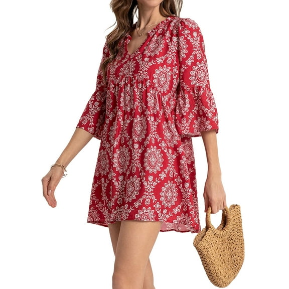Women Summer Boho Dress 2025 Casual V Neck Babydoll Ruffle Sleeve Floral Mini Tunic Petite Sundress Red M