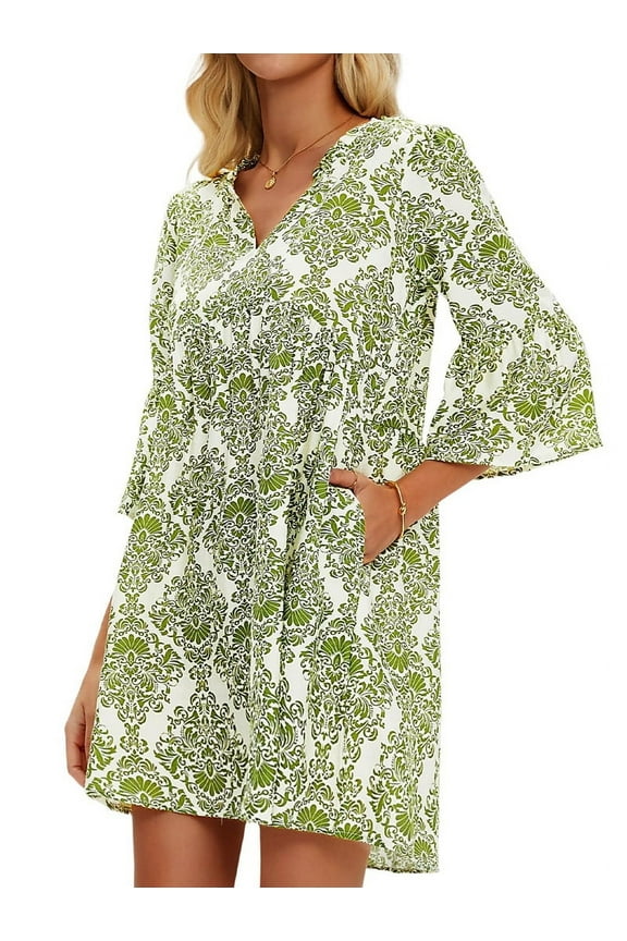 Women Summer Boho Dress 2025 Casual V Neck Babydoll Ruffle Sleeve Floral Mini Tunic Petite Sundress White & Green M