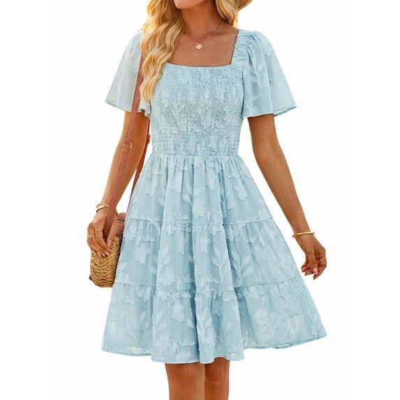 Women Summer Boho Floral Mini Dress Casual Short Sleeve Square Neck Swing Beach Vacation Sundress Light Blue M