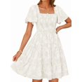 thumbnail image 1 of Women Summer Boho Floral Mini Dress Casual Short Sleeve Square Neck Swing Beach Vacation Sundress White XL, 1 of 7