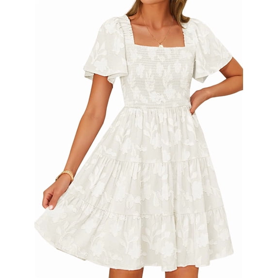 Women Summer Boho Floral Mini Dress Casual Short Sleeve Square Neck Swing Beach Vacation Sundress White XL
