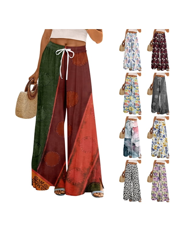 Women Summer Boho Floral Palazzo Pants High Waist Drawstring Wide Leg Casual Trousers With Pockets Beach Lounge Pants Red 2XL