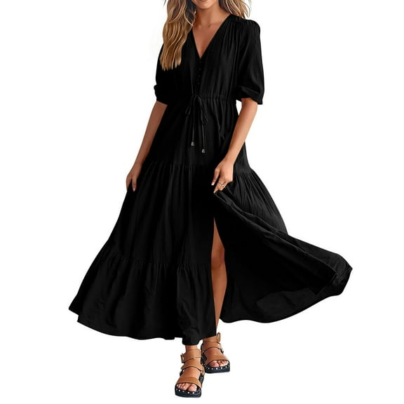 Women Summer Boho Maxi Dress V Neck Short Sleeve Button Front Drawstring Waist Flowy Casual Long Dress