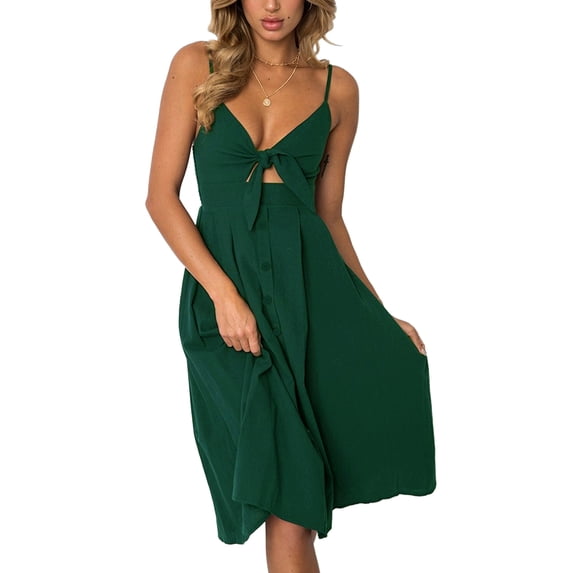 Women Summer Boho Midi Dresses Tie Front V-Neck Spaghetti Strap Button Down A-Line Backless Midi Dress