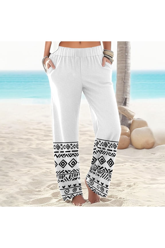 Women Summer Boho Palazzo Pants High Waist Wide Leg Floral Casual Trousers With Pockets Pants Women Casual Linen Pants Women Casual Stretch Womens Casual Harem Baggy Pants Beach Comber Pants Women