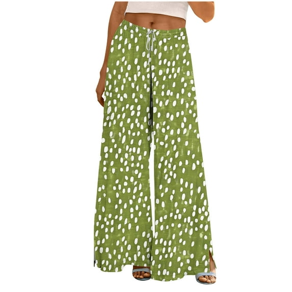 Women Summer Boho Pants High Waist Wide Leg Floral Printed Casual Loungewear Flowy Trousers with Pockets High Waisted Trousers for Lady Green L