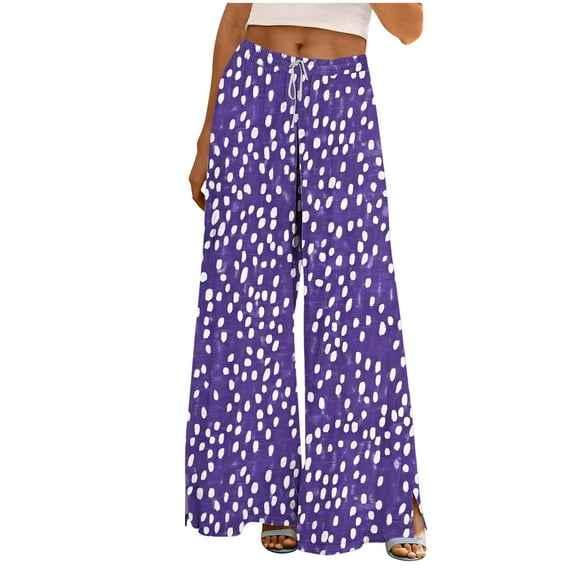 Women Summer Boho Pants High Waist Wide Leg Floral Printed Casual Loungewear Flowy Trousers with Pockets Satin Cargo Pants for Lady Purple XL
