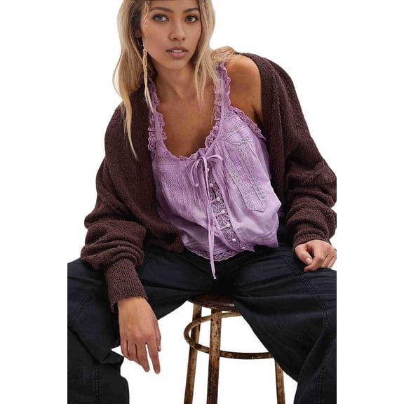 Women Summer Boho Tie Front Tops Lace Beach Button Down Tank Top Sleeveless Mesh Chiffon Crop Tops Y2k Clothes 2025 Light Purple M