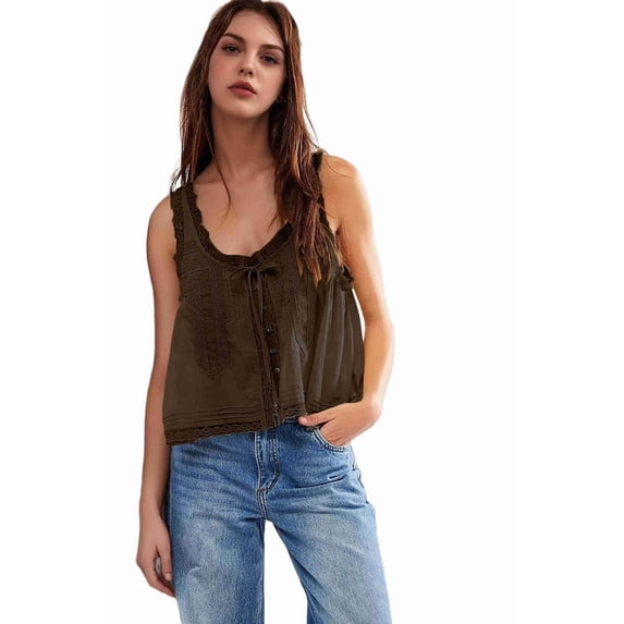 Women Summer Boho Tie Front Tops Lace Beach Button Down Tank Top Sleeveless Mesh Chiffon Crop Tops Y2k Clothes 2025 Dark Brown L