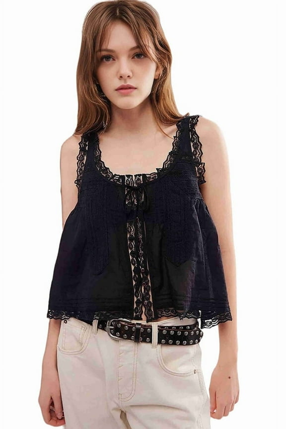 Women Summer Boho Tie Front Tops Lace Beach Button Down Tank Top Sleeveless Mesh Chiffon Crop Tops Y2k Clothes 2025