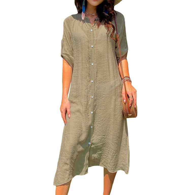 Women Solid Shirt Swimsuit Cover Up Button Down Beach Coverup