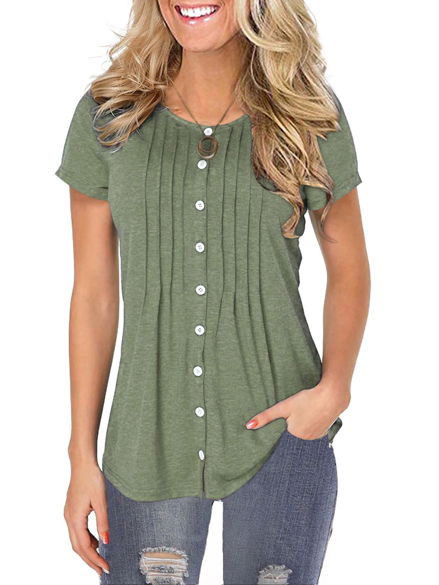 Women Summer Button Up Front Tops Shirts Casual Loose Pullover Tshirt