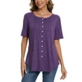 thumbnail image 1 of Women Summer Button Up Front Tops Shirts Casual Loose Pullover T-shirt Round Neck Pleated Tunic Blouses for Ladies Comfy Plain Tee, 1 of 9