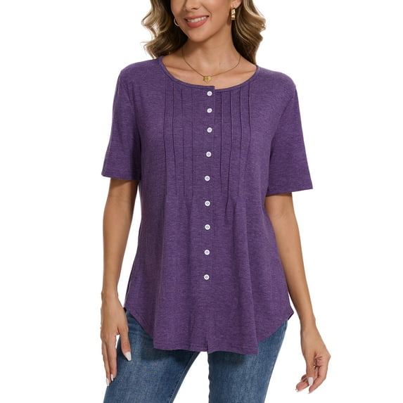 Women Summer Button Up Front Tops Shirts Casual Loose Pullover T-shirt Round Neck Pleated Tunic Blouses for Ladies Comfy Plain Tee