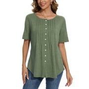 UKAP Women Summer Button Up Front Tops Shirts Casual Loose Pullover T-shirt Round Neck Pleated Tunic Blouses for Ladies Comfy Plain Tee
