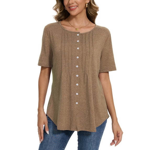Women Summer Button Up Front Tops Shirts Casual Loose Pullover T-shirt Round Neck Pleated Tunic Blouses for Ladies Comfy Plain Tee