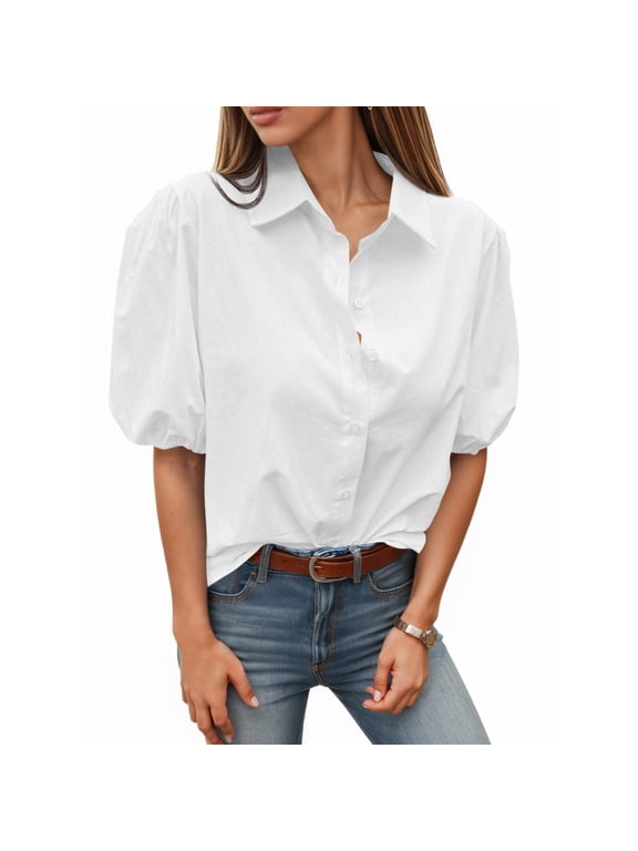 Women Summer Button Up Shirt Short Bubble Sleeve Collar Casual Top