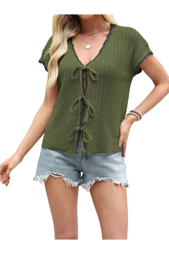 Women Summer Cable Knit Cardigan Sweater Tie Front V Neck Oversized Knitwear Green M