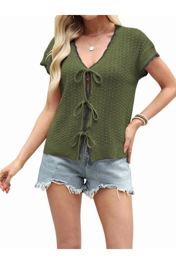 Women Summer Cable Knit Cardigan Sweater Tie Front V Neck Oversized Knitwear Green XL