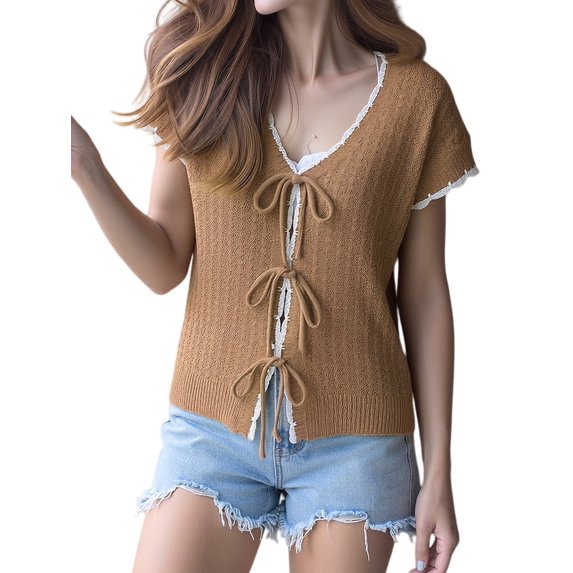 Women Summer Cable Knit Cardigan Sweater Tie Front V Neck Oversized Knitwear Khaki M