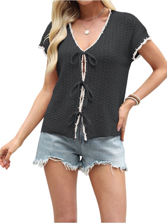Women Summer Cable Knit Cardigan Sweater Tie Front V Neck Oversized Knitwear