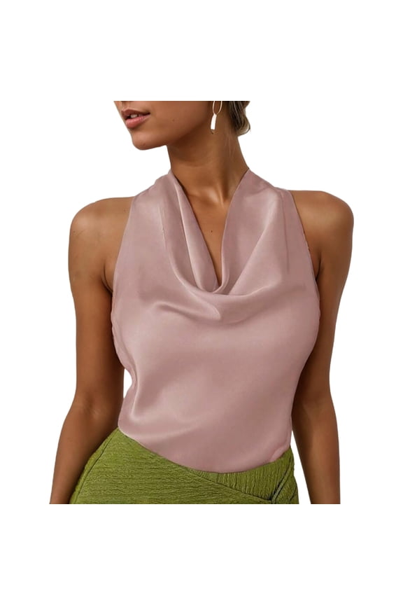 Women Summer Camisole Tops Neck Sleeveless Cowl Neck Back Solid Color Blouse