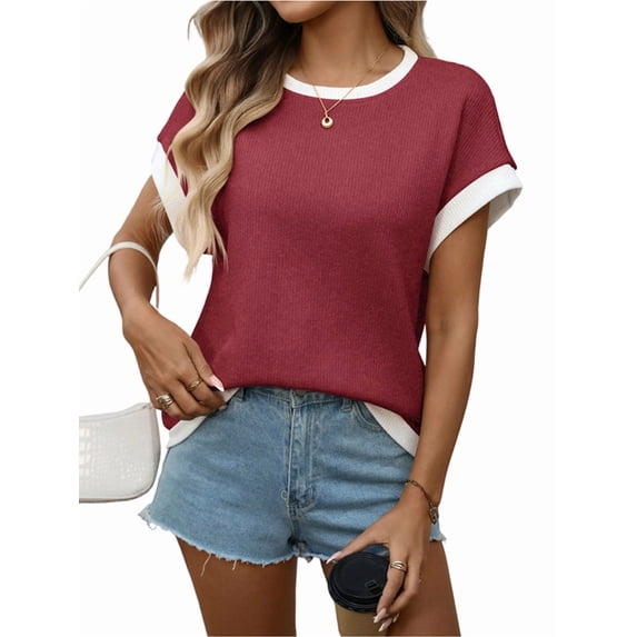 Women Summer Cap Sleeve Knit Tops Casual Crew Neck Color Block Trendy Tank Top Wine Red L