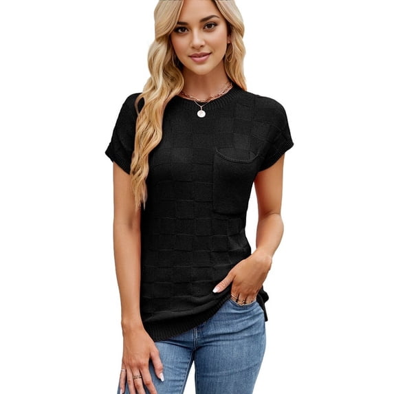 Women Summer Cap Sleeve Tops Casual Knit Short Sleeve Sweater Loose Fit Shirts Black S
