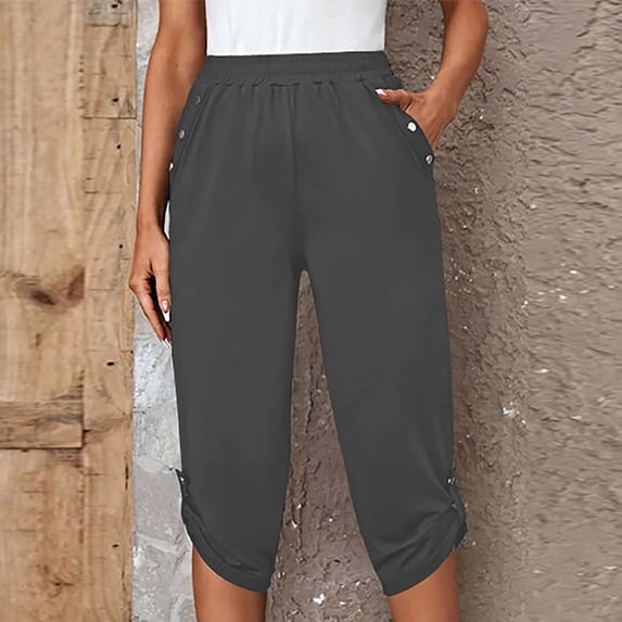 Women Summer Capri Pants Multi-pockets Button Plain Elastic Waist Wide Leg Pants Breathable Baggy Lightweight Lounge Vacation Capri Length Biker Cuffed Pants