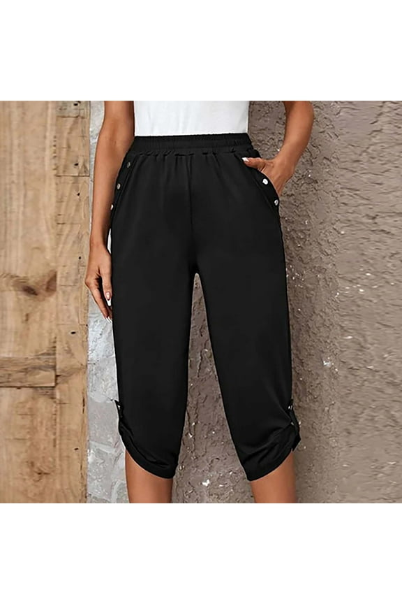 Women Summer Capri Pants Multi-pockets Button Plain Elastic Waist Wide Leg Pants Breathable Baggy Lightweight Lounge Vacation Capri Length Biker Cuffed Pants