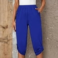 thumbnail image 1 of Women Summer Capri Pants Multi-pockets Button Plain Elastic Waist Wide Leg Pants Breathable Baggy Lightweight Lounge Vacation Capri Length Biker Cuffed Pants, 1 of 9
