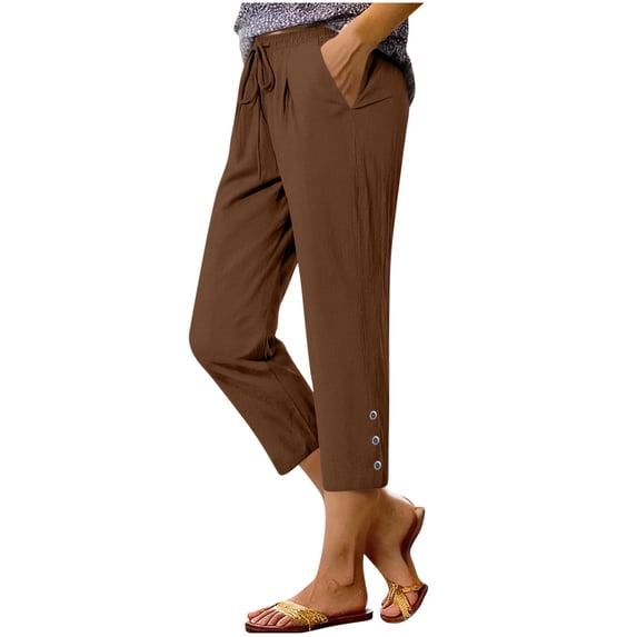 Women Summer Capris Casual Drawstring Elastic Waist Cotton Linen Pants Lightweight Button Split Trousers with Pockets