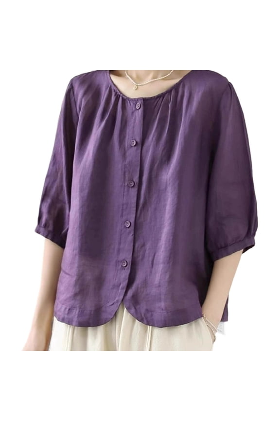 Women Summer Casual 3/4 Sleeve Button Down Cotton Linen Shirts Loose Dolman Top Blouse