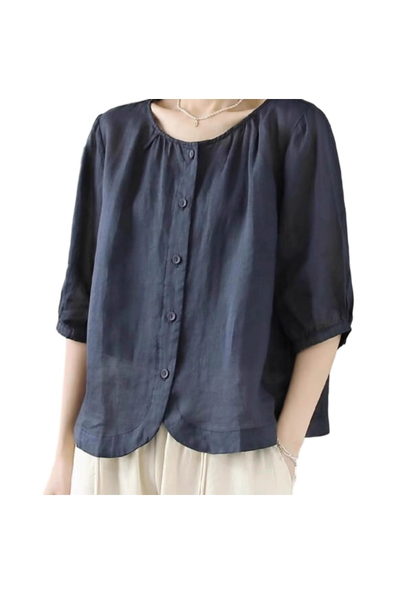 Women Summer Casual 3/4 Sleeve Button Down Cotton Linen Shirts Loose Dolman Top Blouse