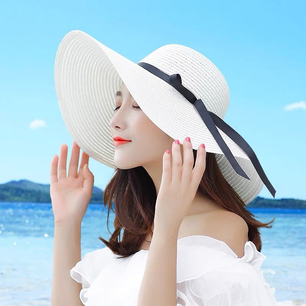 Women Summer Casual Big Wide Brim Beach Sun Hat Foldable Cap,White